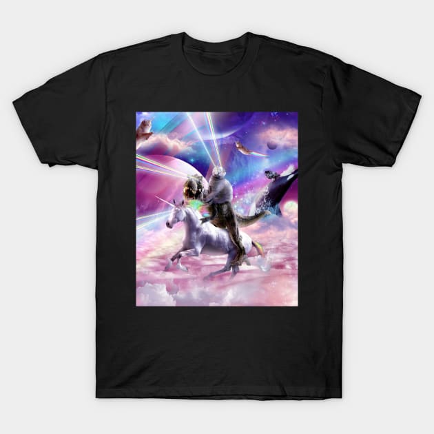 Laser Eyes Space Cat On Dinosaur Unicorn - Rainbow T-Shirt by Random Galaxy